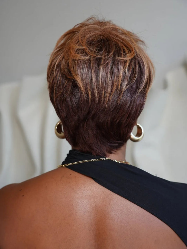 Glueless Blonde Highlights with Bottom Brown Short Pixie Cut Wig Human Hair Wig