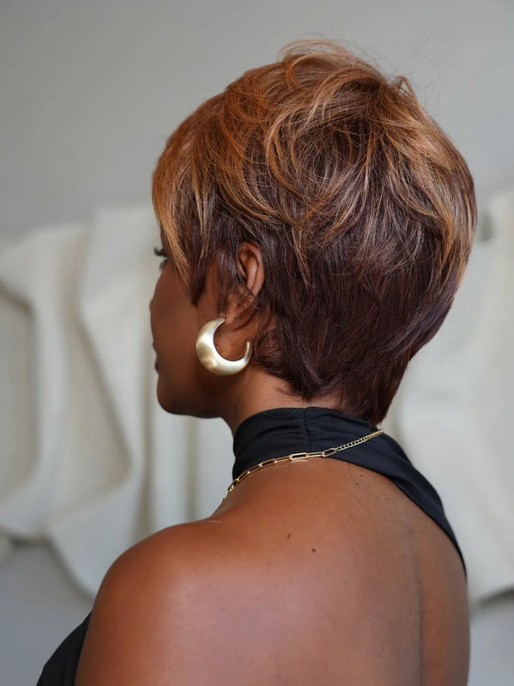 Glueless Blonde Highlights with Bottom Brown Short Pixie Cut Wig Human Hair Wig