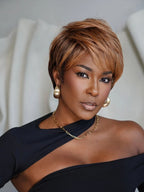 Glueless Blonde Highlights with Bottom Brown Short Pixie Cut Wig Human Hair Wig