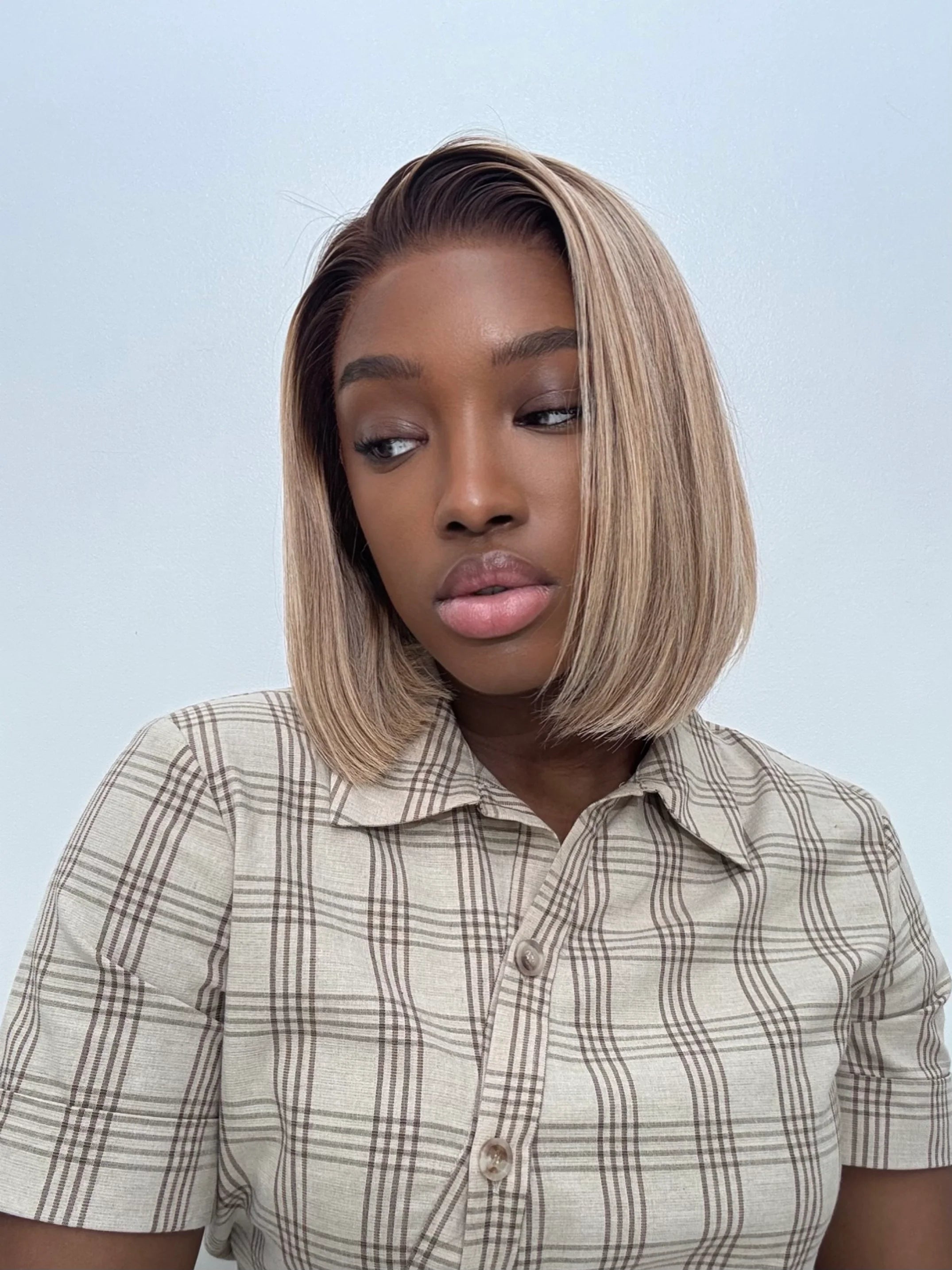 Ash Blonde Highlights Blunt Cut Adjustable Cap Virgin Hair Bob HD Lace Wig