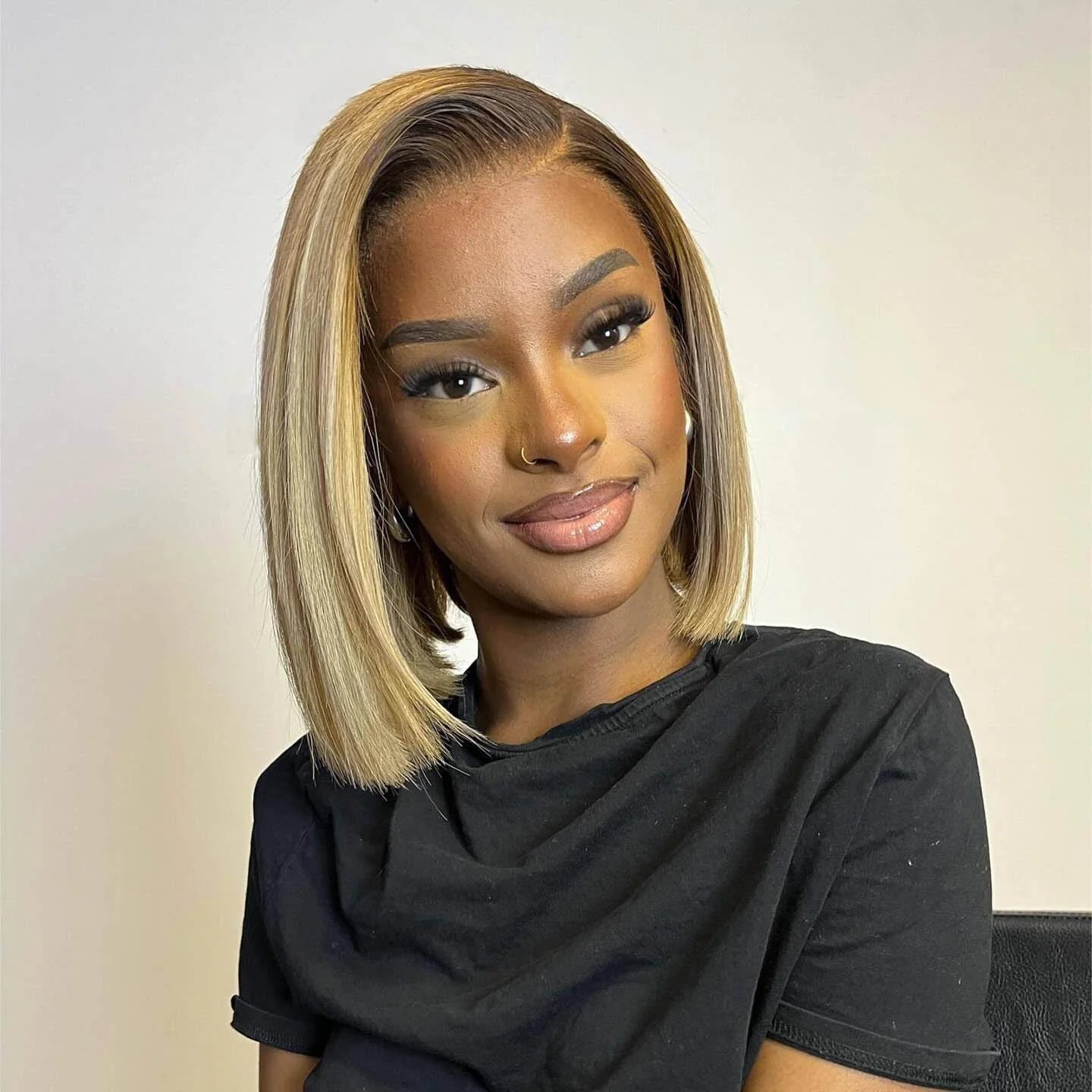 Ash Blonde Highlights Blunt Cut Adjustable Cap Virgin Hair Bob HD Lace Wig
