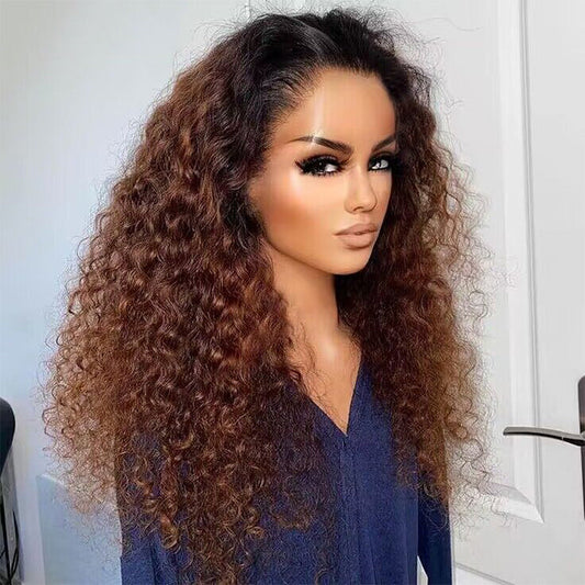 Pre Cut 13x4 Lace Ombre Chocolate Brown Deep Curly Pre-plucked Wig