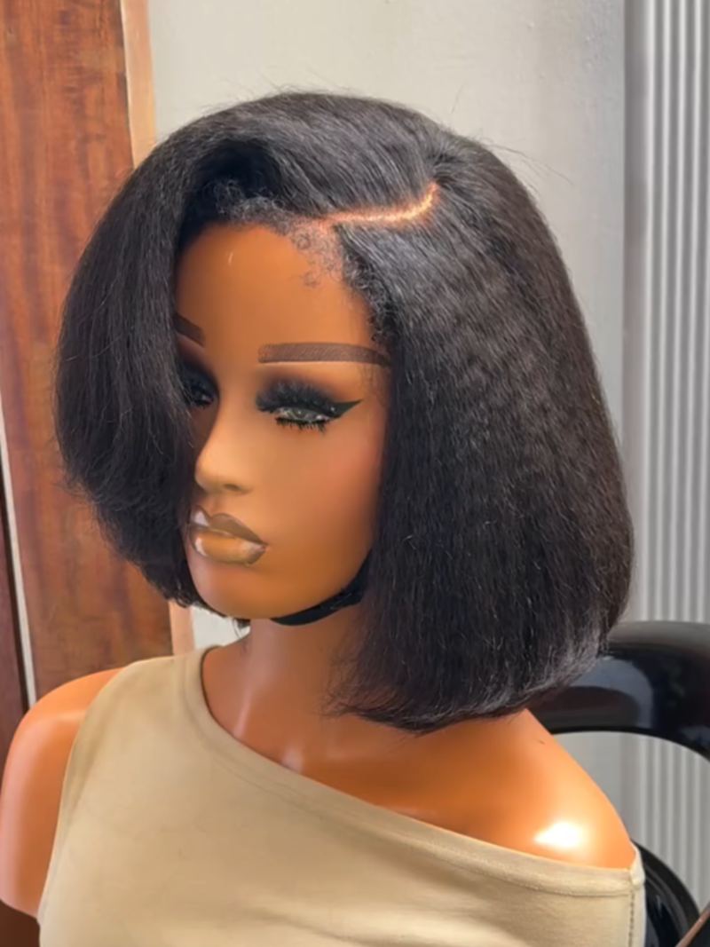 Put on & Go Glueless Kinky Straight 4C Kinky Edges Pre Cut HD Lace Short Bob Wig Human Hair Wig