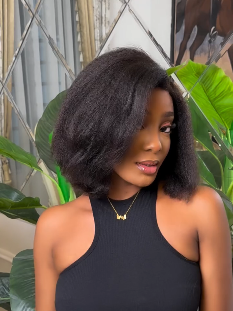 Put on & Go Glueless Kinky Straight 4C Kinky Edges Pre Cut HD Lace Short Bob Wig Human Hair Wig