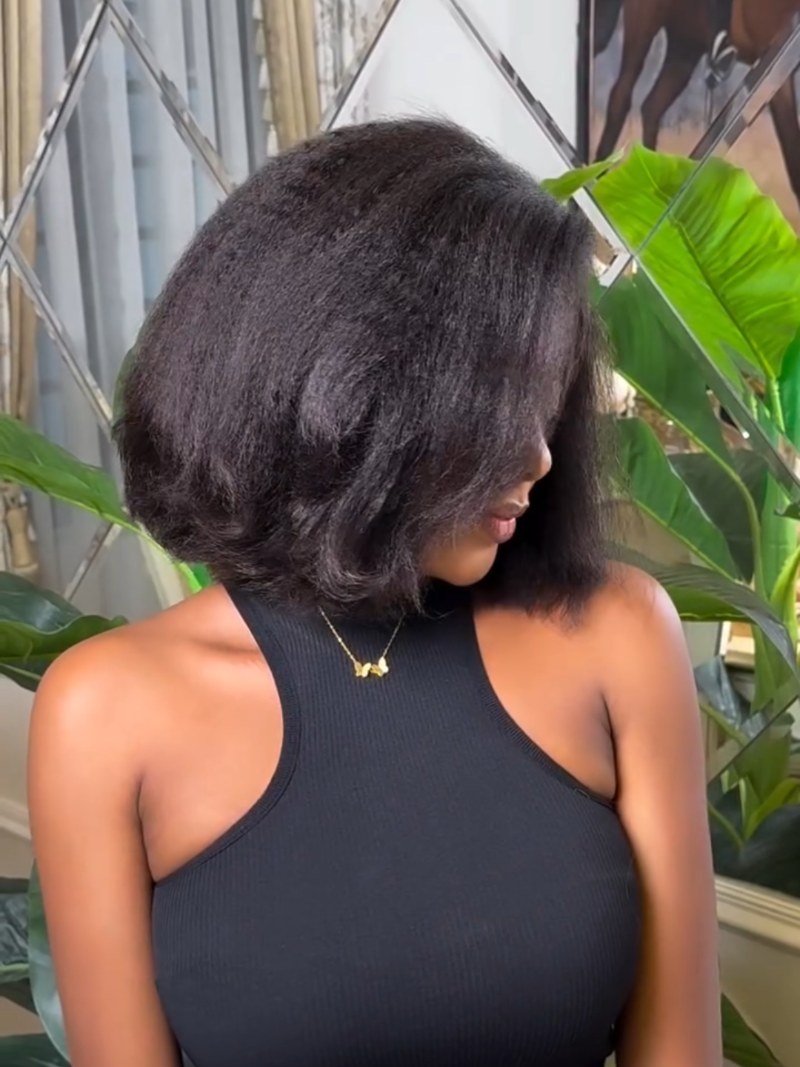 Put on & Go Glueless Kinky Straight 4C Kinky Edges Pre Cut HD Lace Short Bob Wig Human Hair Wig