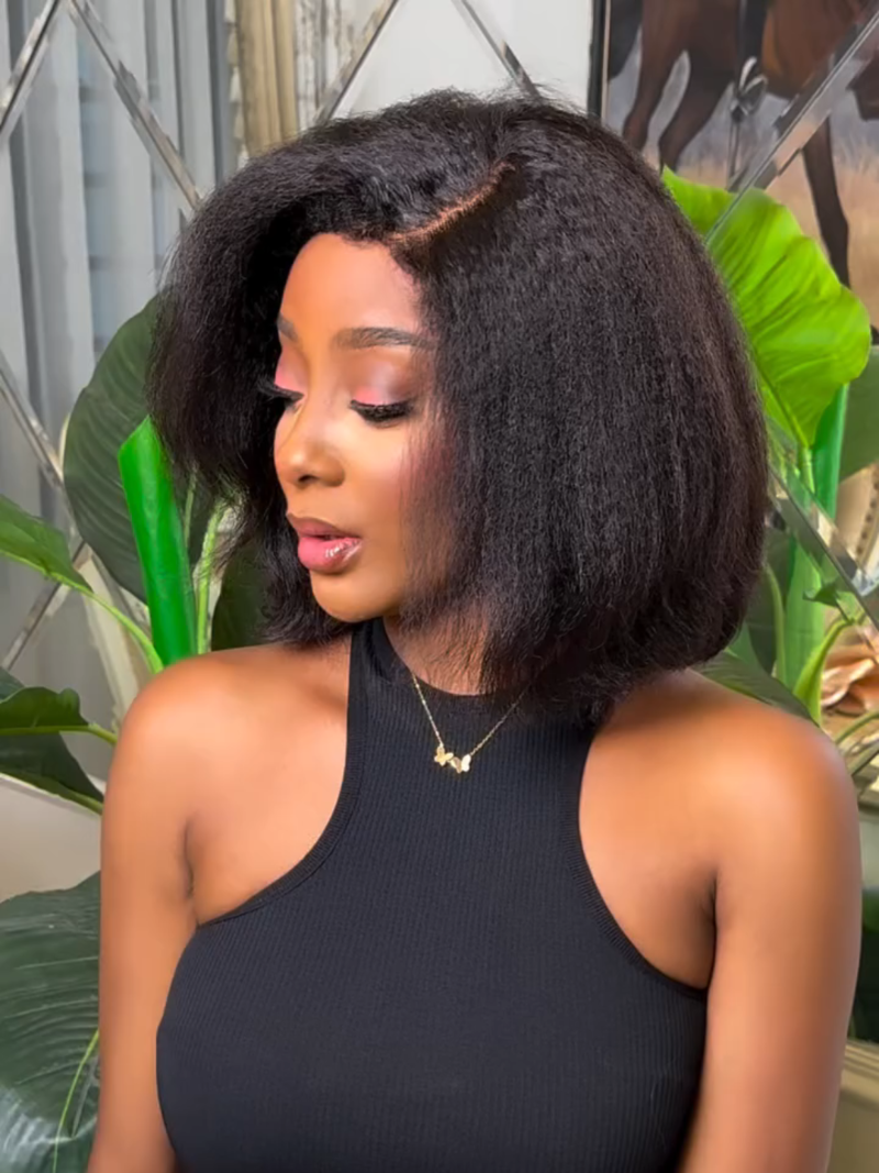 Put on & Go Glueless Kinky Straight 4C Kinky Edges Pre Cut HD Lace Short Bob Wig Human Hair Wig