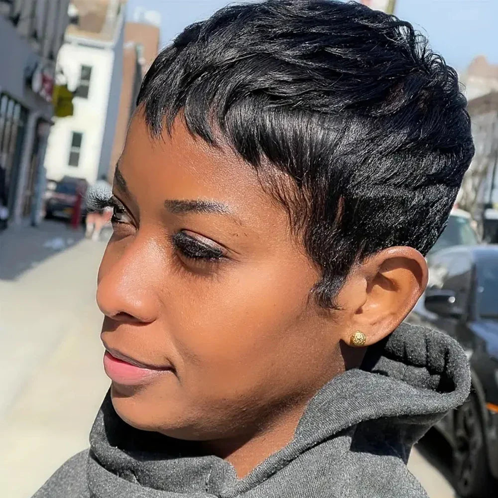 Full Lace Pixie Cut Wig 180% Density Straight Human Hair Black & Honey Blonde