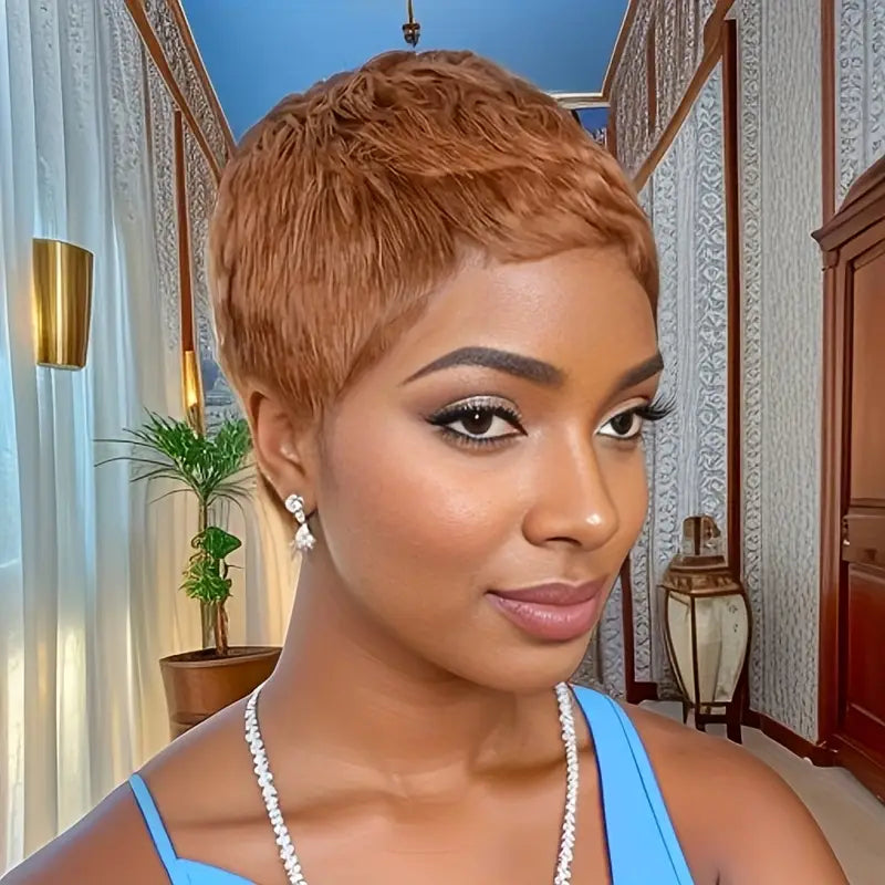 Full Lace Pixie Cut Wig 180% Density Straight Human Hair Black & Honey Blonde