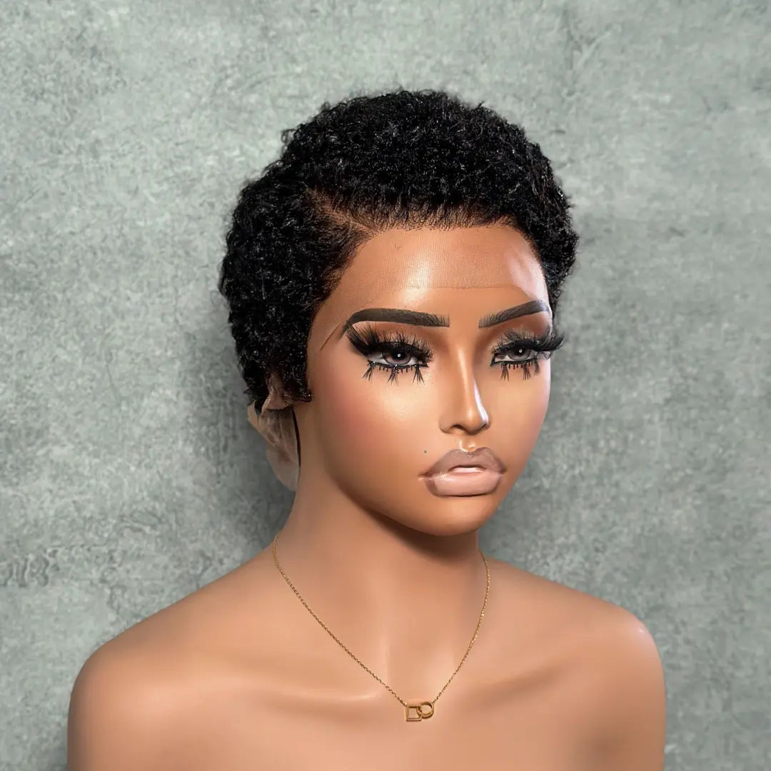 Full Lace Curly Pixie Cut Wig Side Part Drawstring 180% Density Human Hair