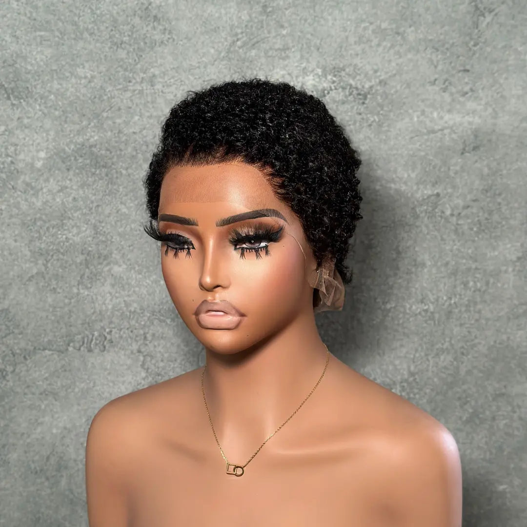 Full Lace Curly Pixie Cut Wig Side Part Drawstring 180% Density Human Hair
