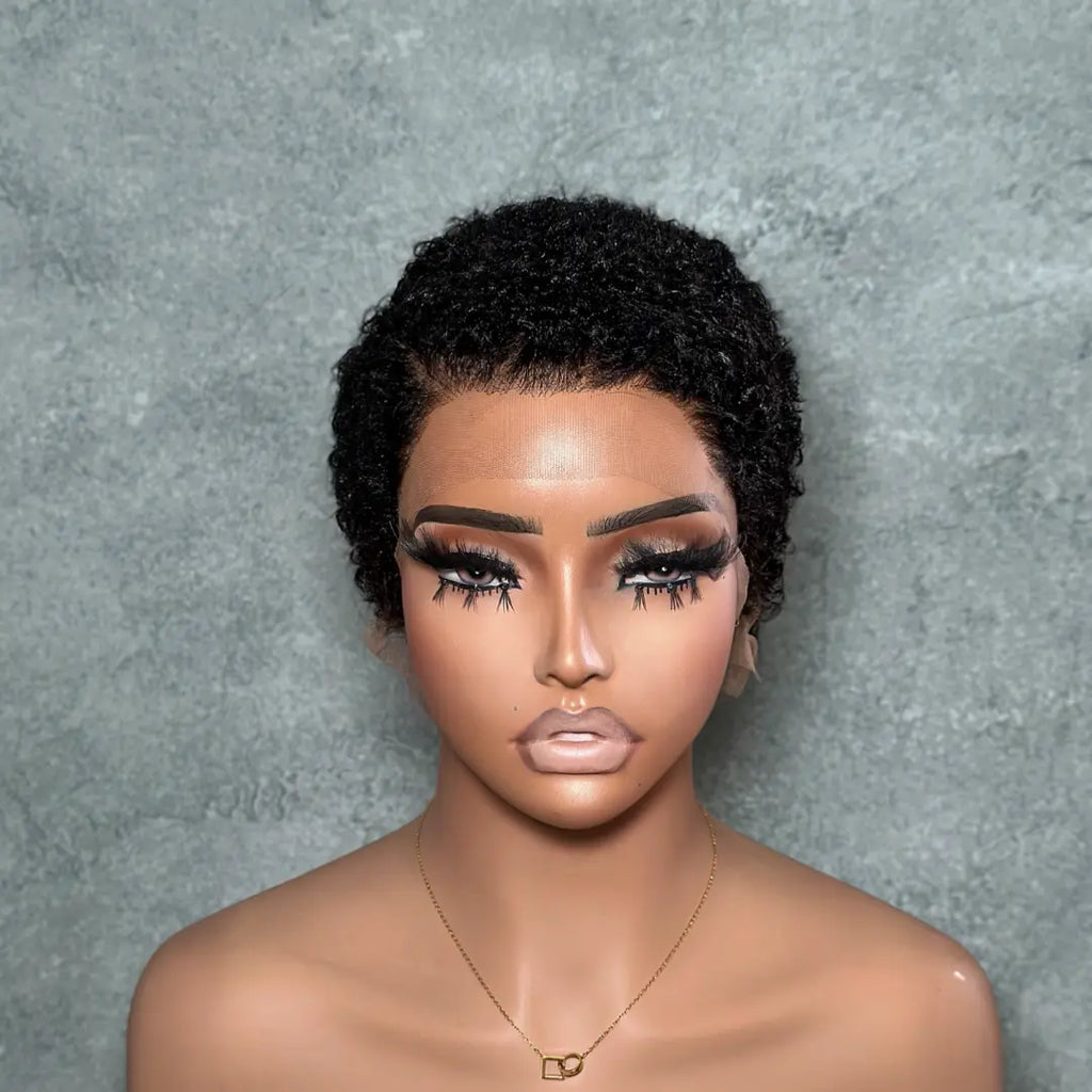 Full Lace Curly Pixie Cut Wig Side Part Drawstring 180% Density Human Hair