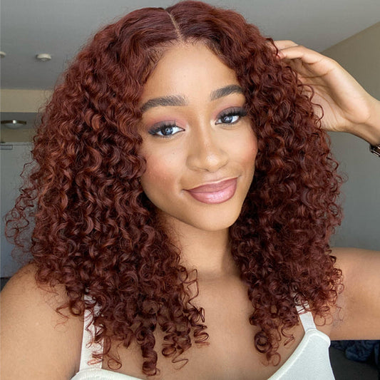 13x4 Pre Cut Lace Copper Brown Short Curly Bob Wig Human Hair Wig