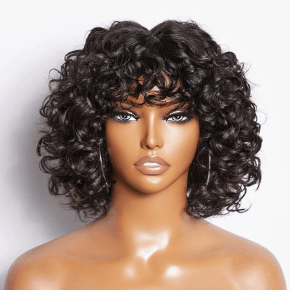 Short Cut Water Wave Glueless Wig with Curly Bangs