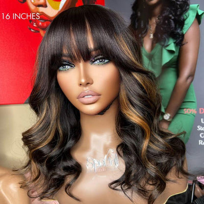 Loose Wave 5x5 Closure Lace  Human Hair Wig with Cute Bangs