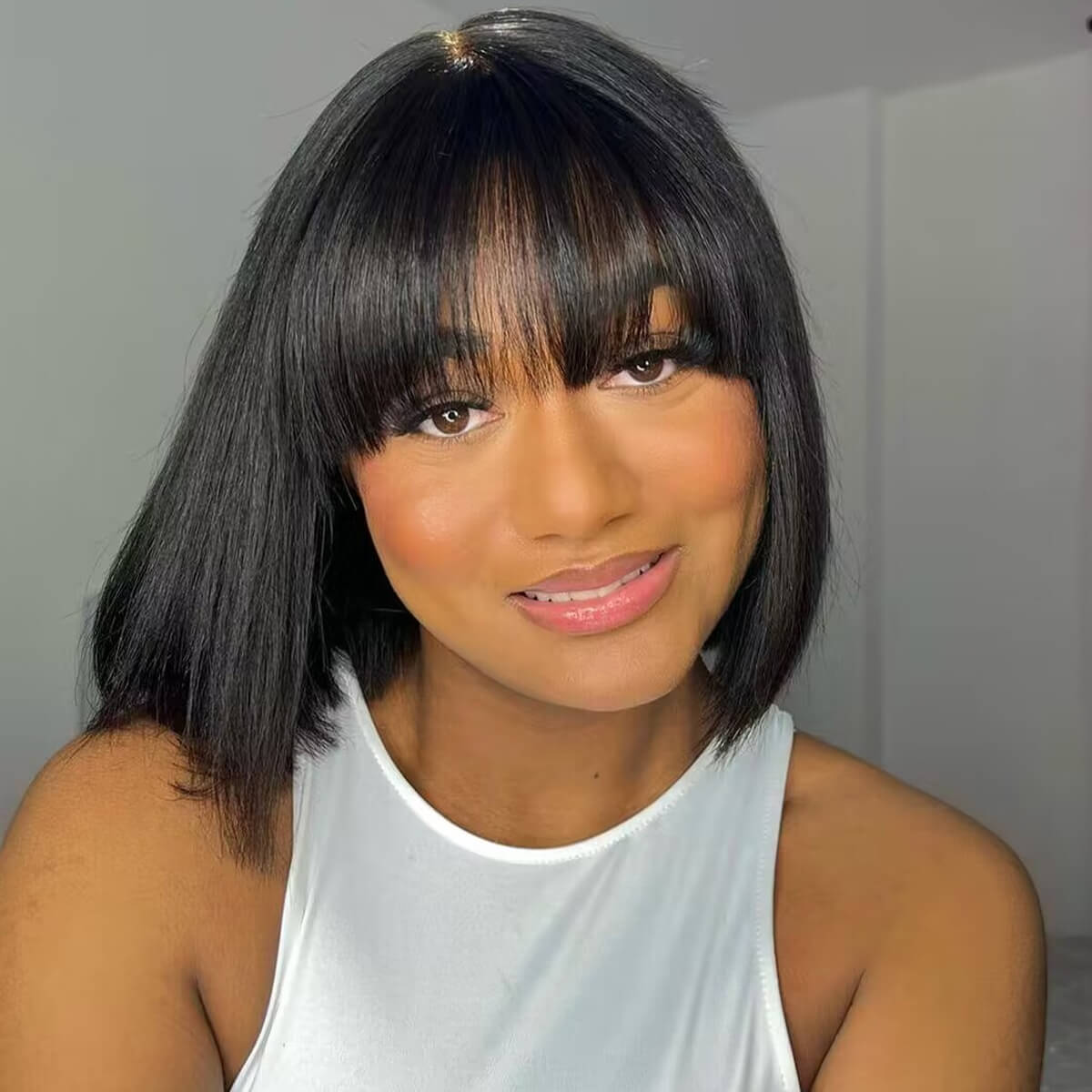 Put On & Go Wig Glueless No Lace Straight Bob Wig With Fringe Bangs