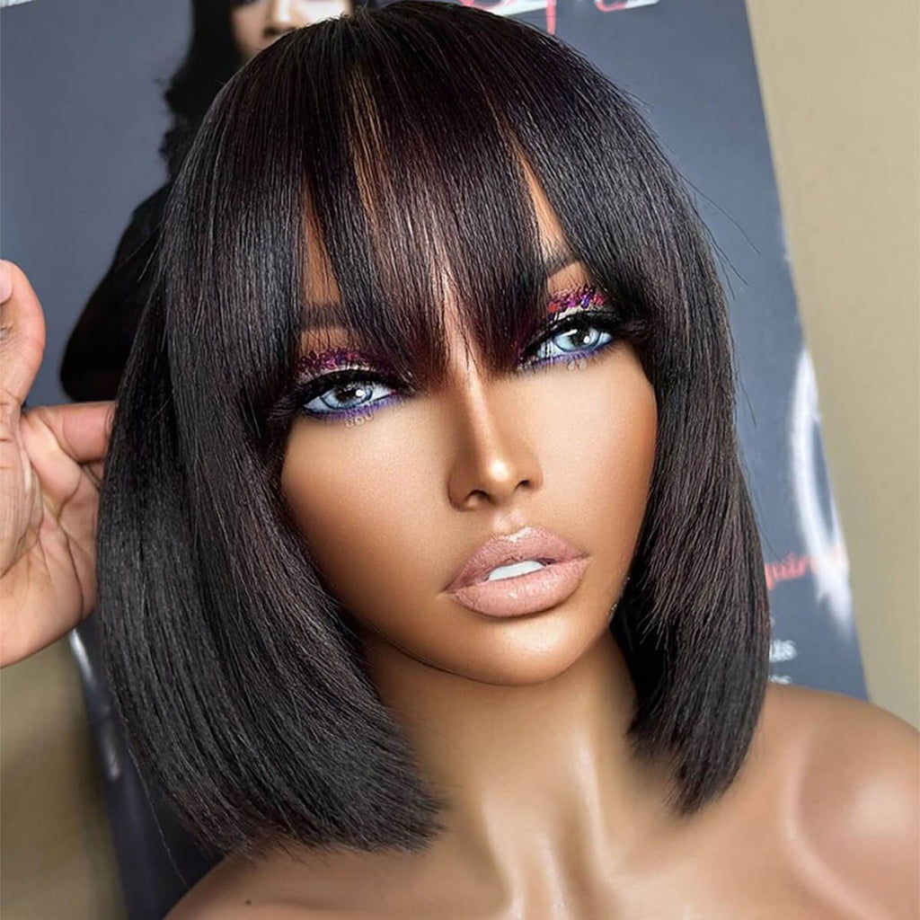 Put On & Go Wig Glueless No Lace Straight Bob Wig With Fringe Bangs