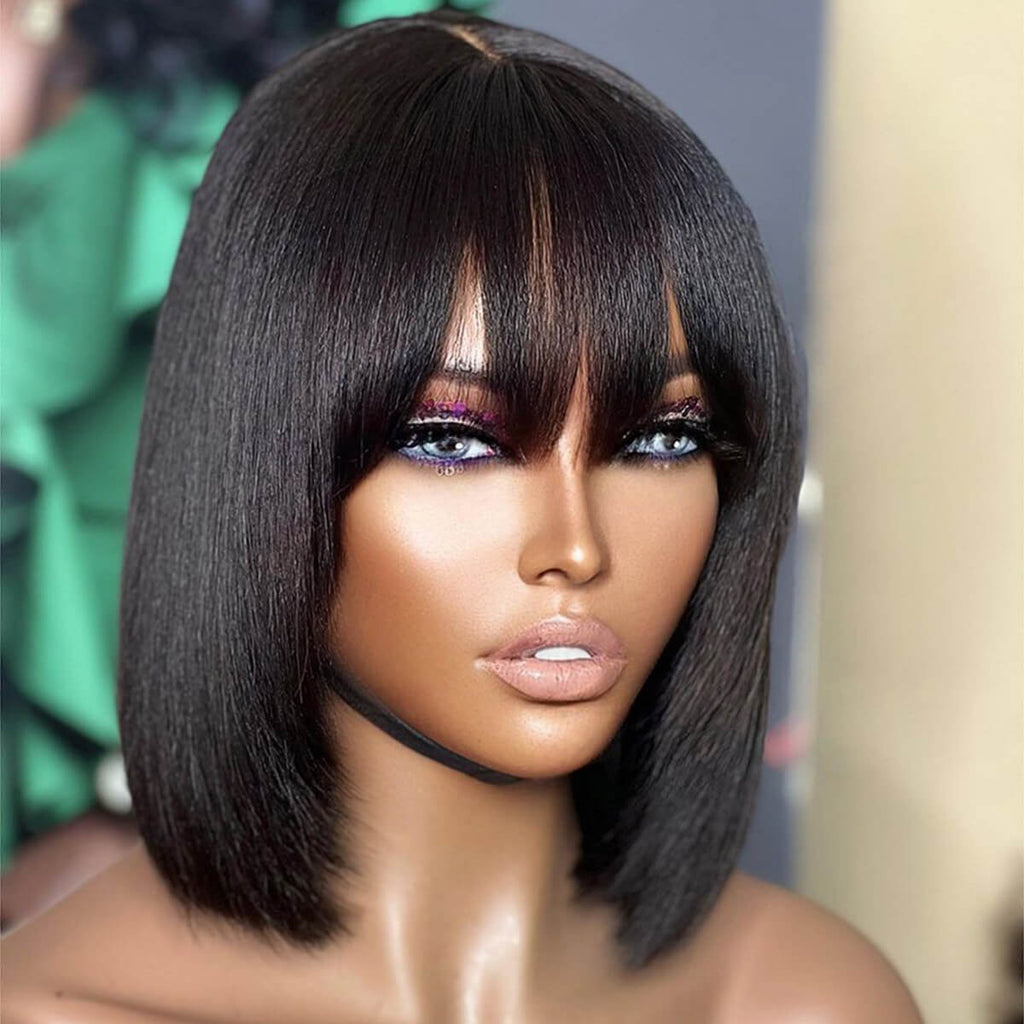 Put On & Go Wig Glueless No Lace Straight Bob Wig With Fringe Bangs