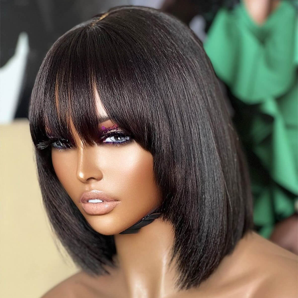 Put On & Go Wig Glueless No Lace Straight Bob Wig With Fringe Bangs