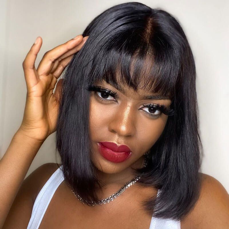 Put On & Go Wig Glueless No Lace Straight Bob Wig With Fringe Bangs
