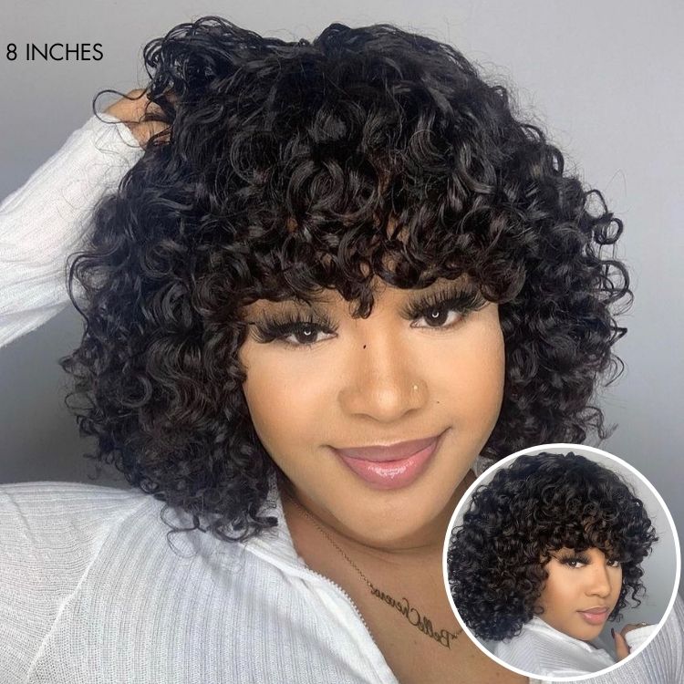 Short Cut Water Wave Glueless Wig with Curly Bangs