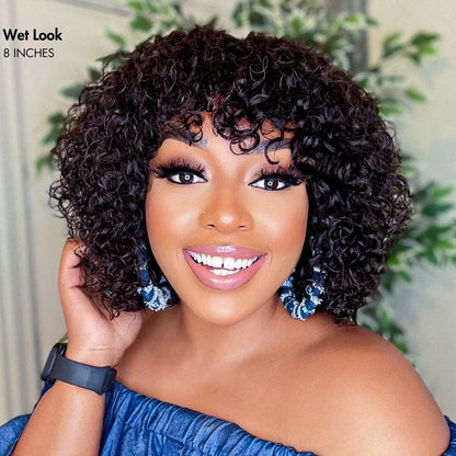 Short Cut Water Wave Glueless Wig with Curly Bangs