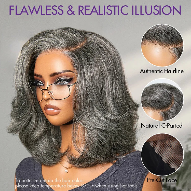 Elle Vane Put On and Go Salt and Pepper Layered Glueless Pre-Cut 7x5 Lace Grey Wig