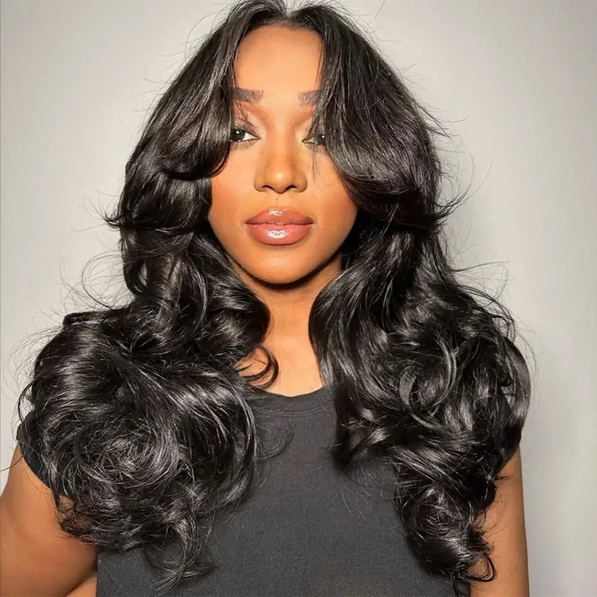 Natural Black Face-Framing Curtain Bangs Body Wave 5×5 Glueless Wig