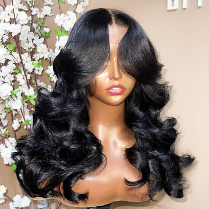 Natural Black Face-Framing Curtain Bangs Body Wave 5×5 Glueless Wig