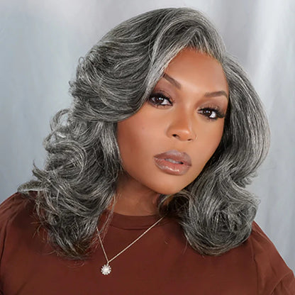 Elle Vane Put On and Go Salt and Pepper Layered Glueless Pre-Cut 7x5 Lace Grey Wig