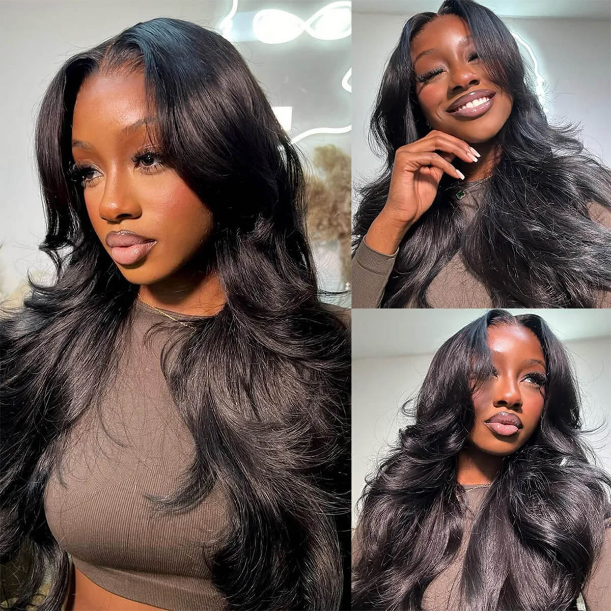 Natural Black Face-Framing Curtain Bangs Body Wave 5×5 Glueless Wig