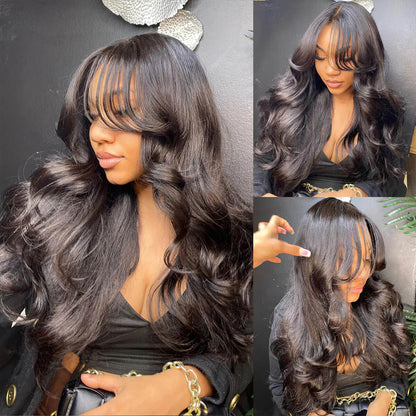 Natural Black Face-Framing Curtain Bangs Body Wave 5×5 Glueless Wig