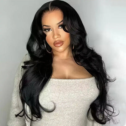 Natural Black Face-Framing Curtain Bangs Body Wave 5×5 Glueless Wig