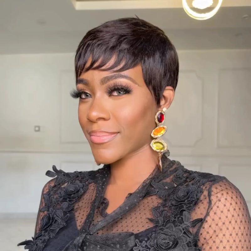 Full Lace Natural Black Short Pixie Cut Hair Wig With Bang