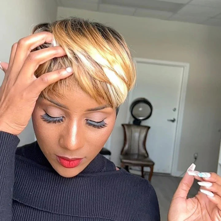 Short Bob Wig With Bangs Honey Blonde Brown Highlight 180% Density Glueless Human Hair