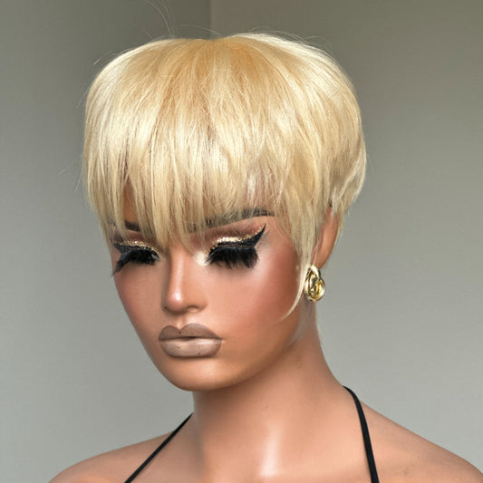 613 Blonde Layered Pixie Cut Glueless Human Hair Wig With Bangs