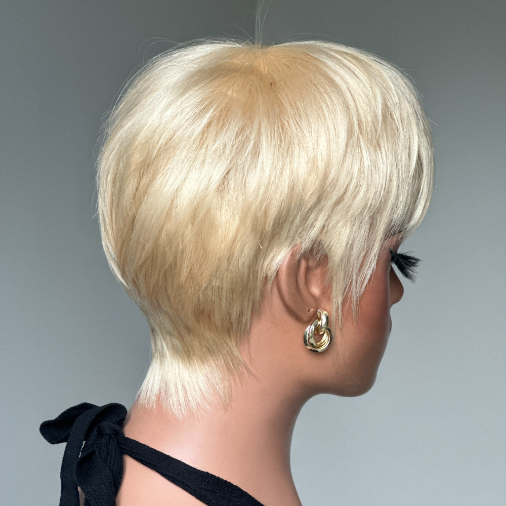 613 Blonde Layered Pixie Cut Glueless Human Hair Wig With Bangs