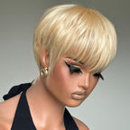 613 Blonde Layered Pixie Cut Glueless Human Hair Wig With Bangs