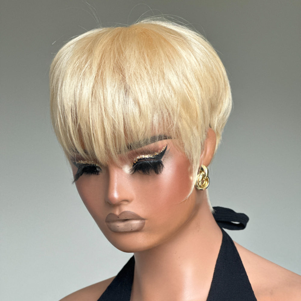 613 Blonde Layered Pixie Cut Glueless Human Hair Wig With Bangs