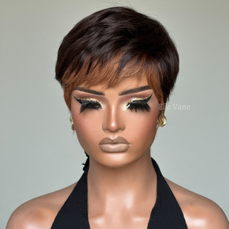 Elle Vane Put On & Go Golden Brown Bangs Short Pixie Cut Wig