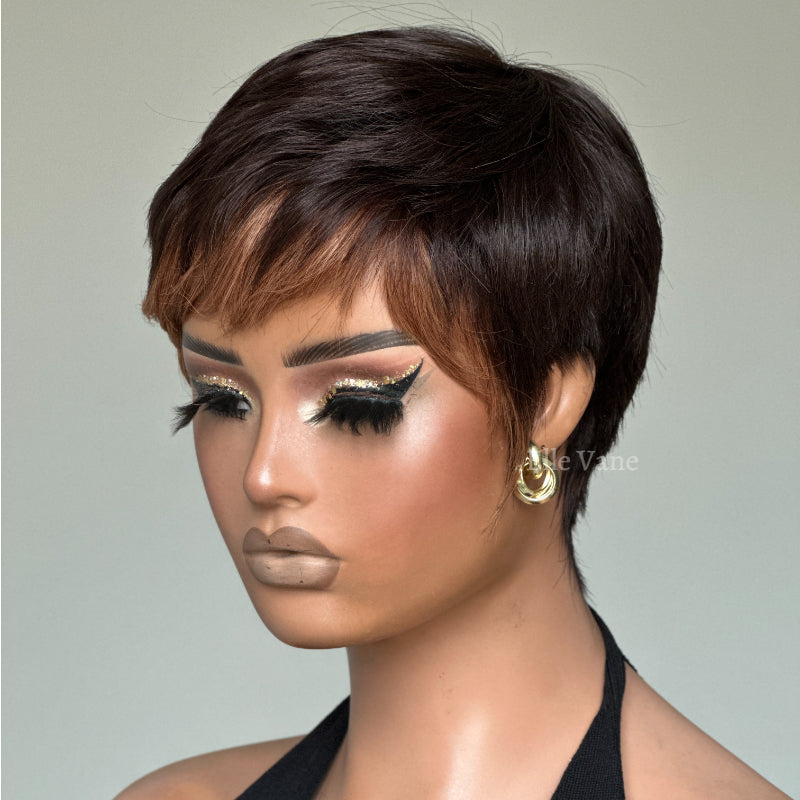 Elle Vane Put On & Go Golden Brown Bangs Short Pixie Cut Wig
