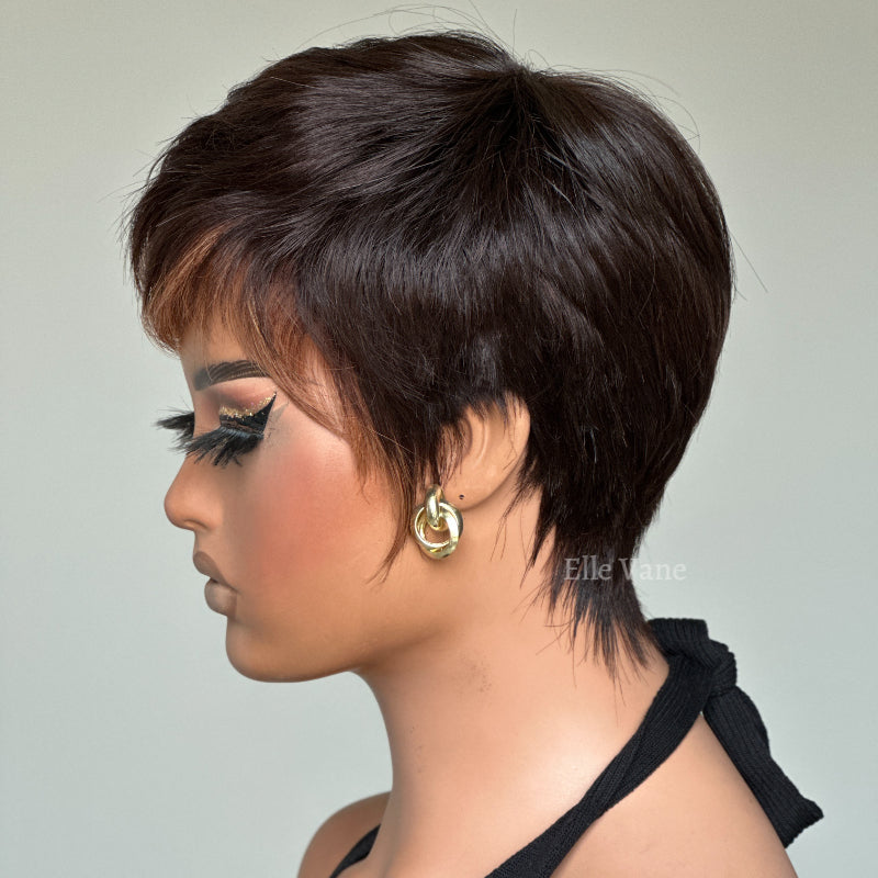 Elle Vane Put On & Go Golden Brown Bangs Short Pixie Cut Wig