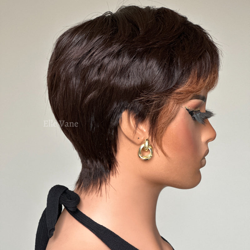 Elle Vane Put On & Go Golden Brown Bangs Short Pixie Cut Wig