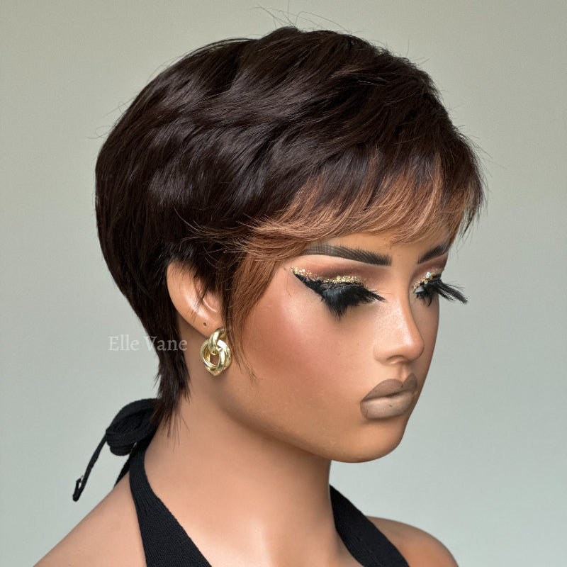 Elle Vane Put On & Go Golden Brown Bangs Short Pixie Cut Wig