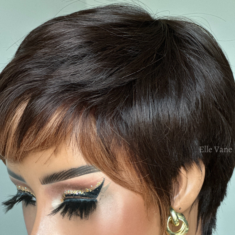 Elle Vane Put On & Go Golden Brown Bangs Short Pixie Cut Wig