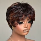 Elle Vane Put On & Go Brown Highlight Short Pixie Cut Wig with Bangs