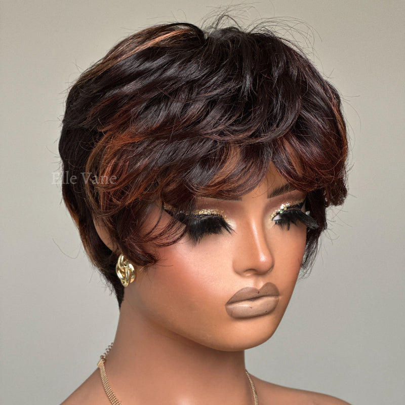 Elle Vane Put On & Go Brown Highlight Short Pixie Cut Wig with Bangs