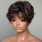 Elle Vane Put On & Go Brown Highlight Short Pixie Cut Wig with Bangs
