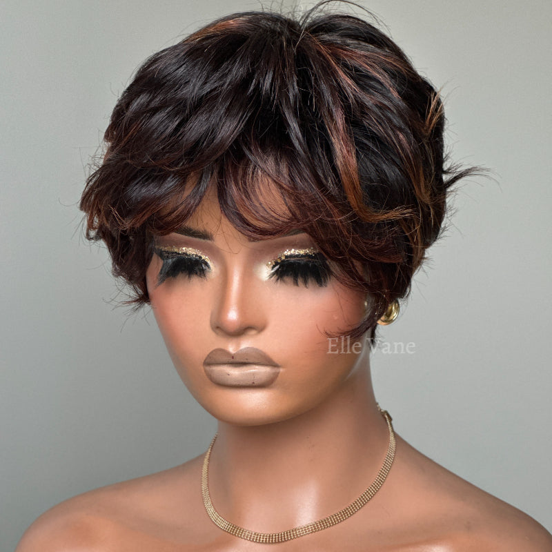 Elle Vane Put On & Go Brown Highlight Short Pixie Cut Wig with Bangs