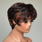 Elle Vane Put On & Go Brown Highlight Short Pixie Cut Wig with Bangs