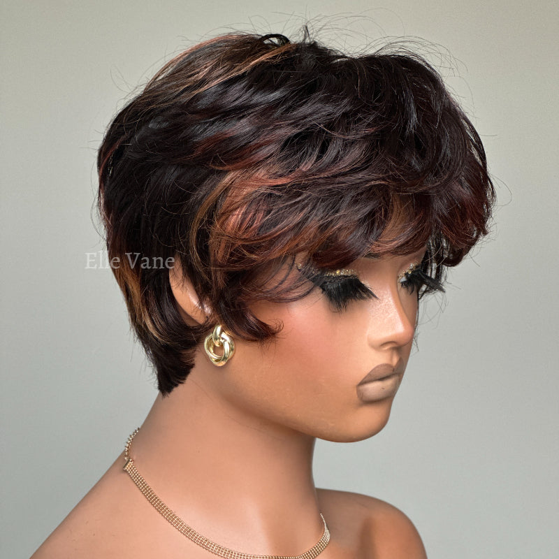 Elle Vane Put On & Go Brown Highlight Short Pixie Cut Wig with Bangs